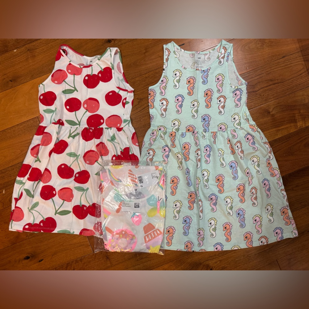 H&M Girls' Ice Cream, Cherry Print & Seahorse Tank Dress Set - Pastel, Red, Mint